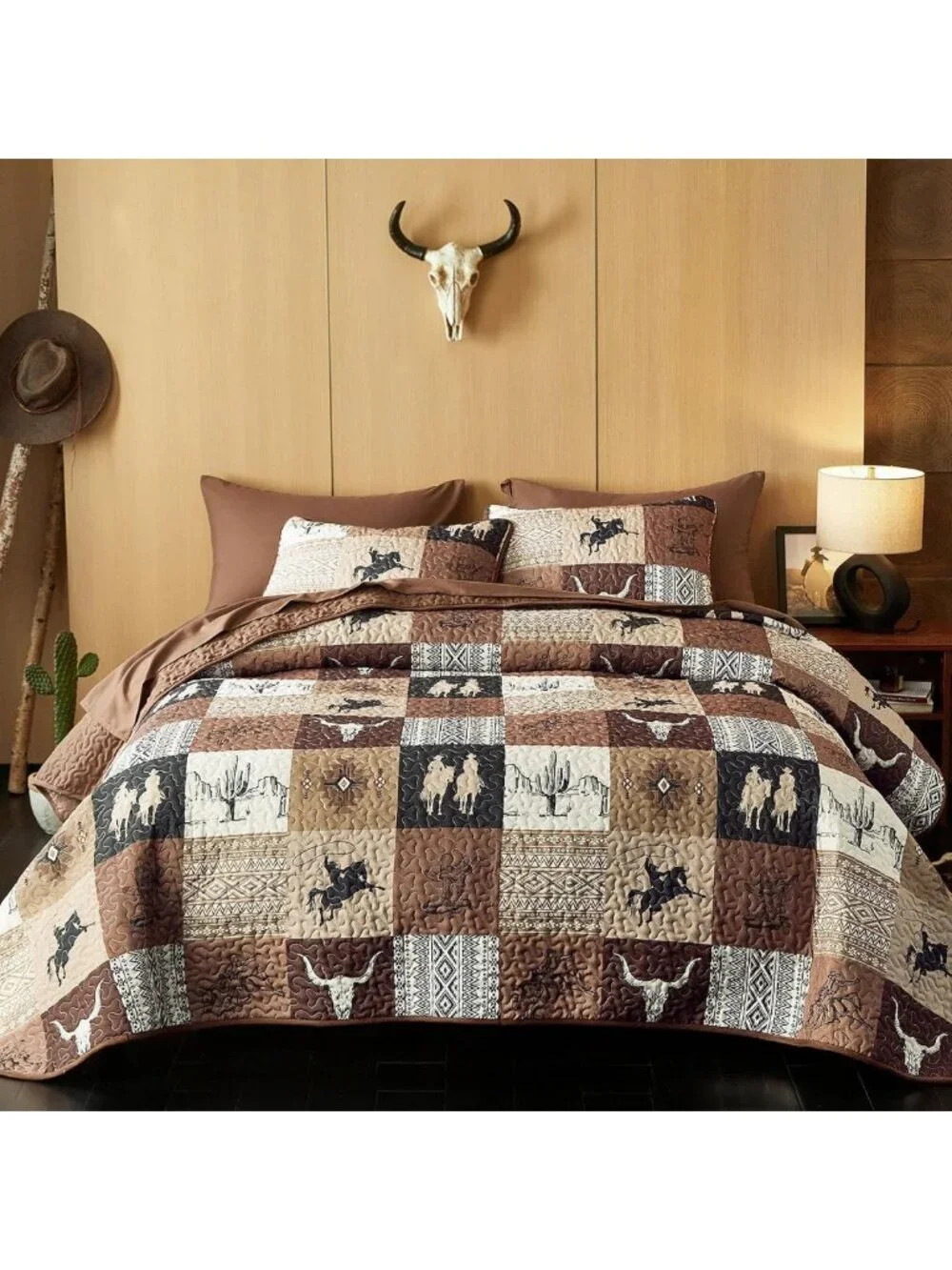 Southwestern Aztec Quilt Set - Rustic Cowboy Ranch Pattern, Reversible King